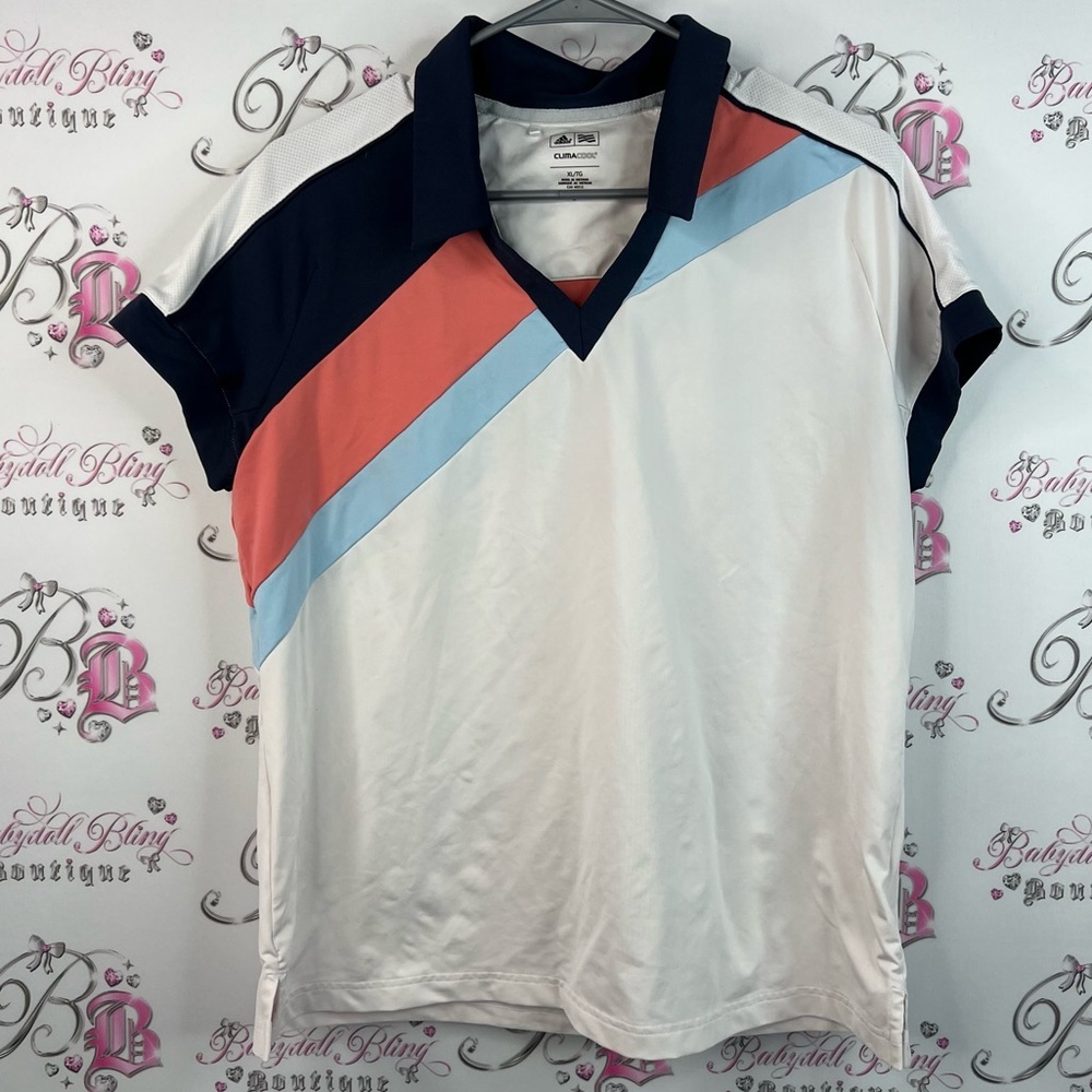 Adidas tshirt clima cool Tri-Color Polo Shirt with Navy, Coral, and Light Blue